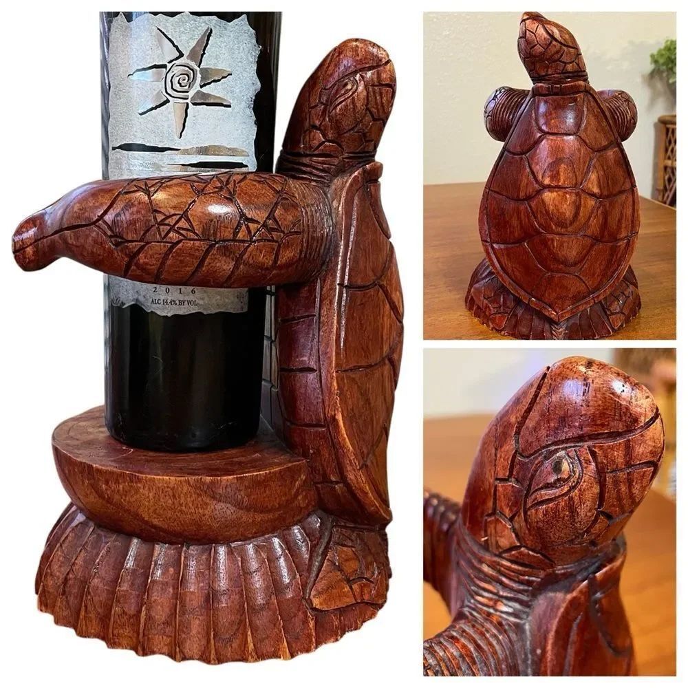 Hand Carved Wooden Turtle Wine Bottle Holder